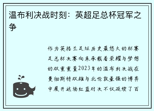 温布利决战时刻：英超足总杯冠军之争